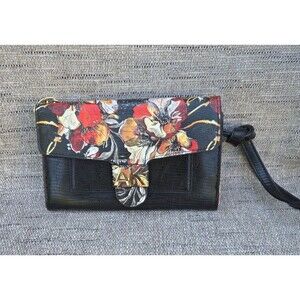 AK Anne Klein Black Gold Floral Crossbody Bag Clutch Faux Leather Purse